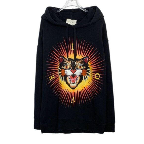 GUCCI Black Hooded Sweatshirt With Tiger Head Graphic & Future Text XS Made In I - Picture 1 of 6